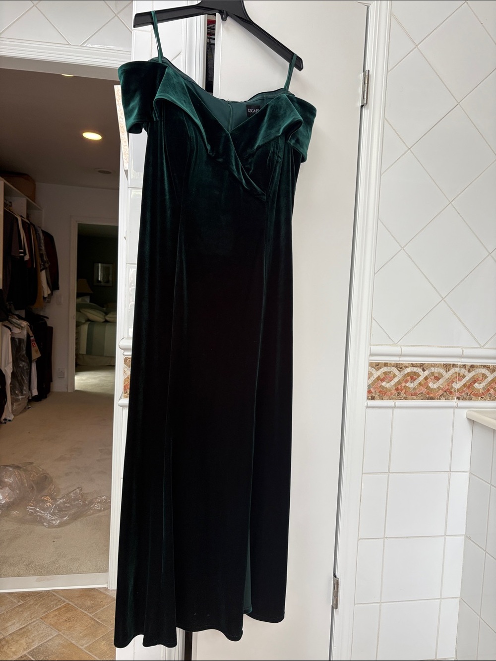 Xscape Forest Green Velvet Off-Shoulder Maxi Dress - Worn Once